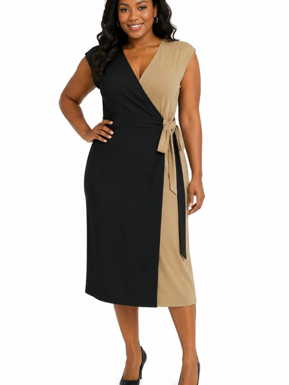 Colorblock Black & Tan‎ Faux Wrap Sheath Dress